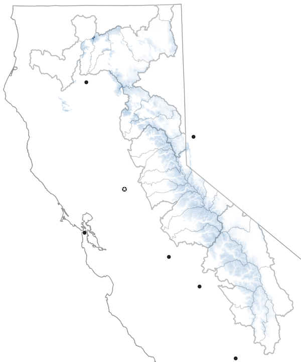 Map shows the average snowpack, which is much lighter compared to the 2023 snowpack