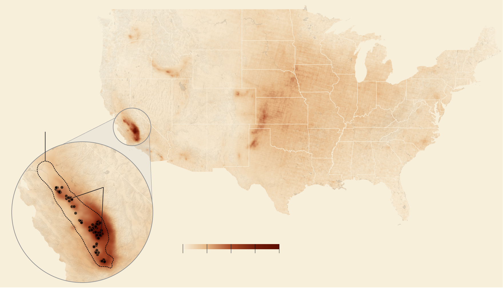 A map of 2020 ammonia concentrations across the United States. Zoom in on the San Joaquin Valley where more than 100 dairy digester projects are currently located.