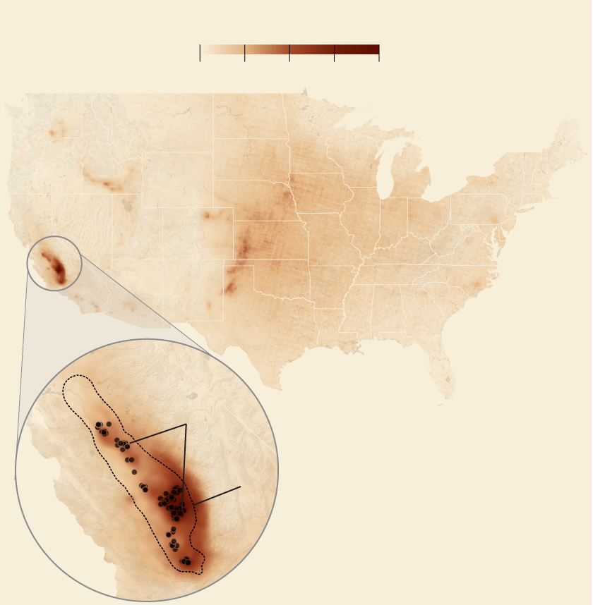 A map of 2020 ammonia concentrations across the United States. Zoom in on the San Joaquin Valley where more than 100 dairy digester projects are currently located.