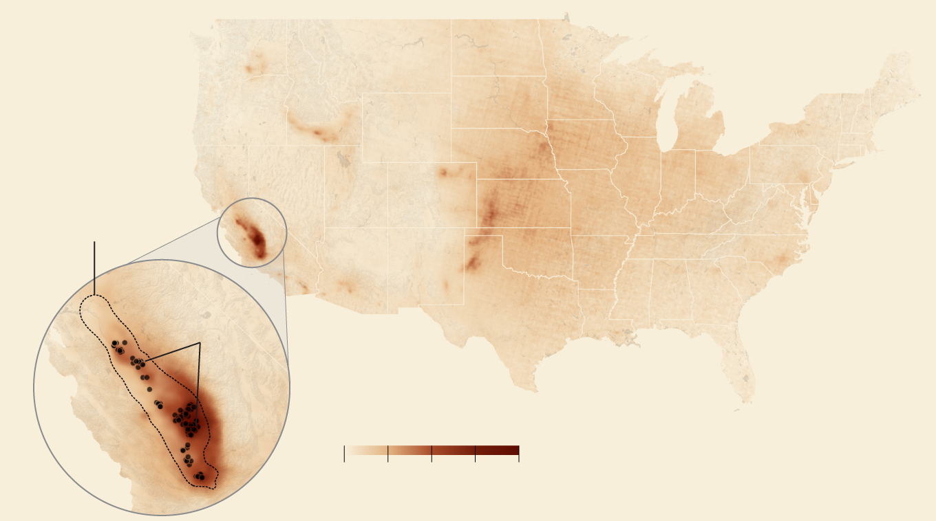 A map of 2020 ammonia concentrations across the United States. Zoom in on the San Joaquin Valley where more than 100 dairy digester projects are currently located.