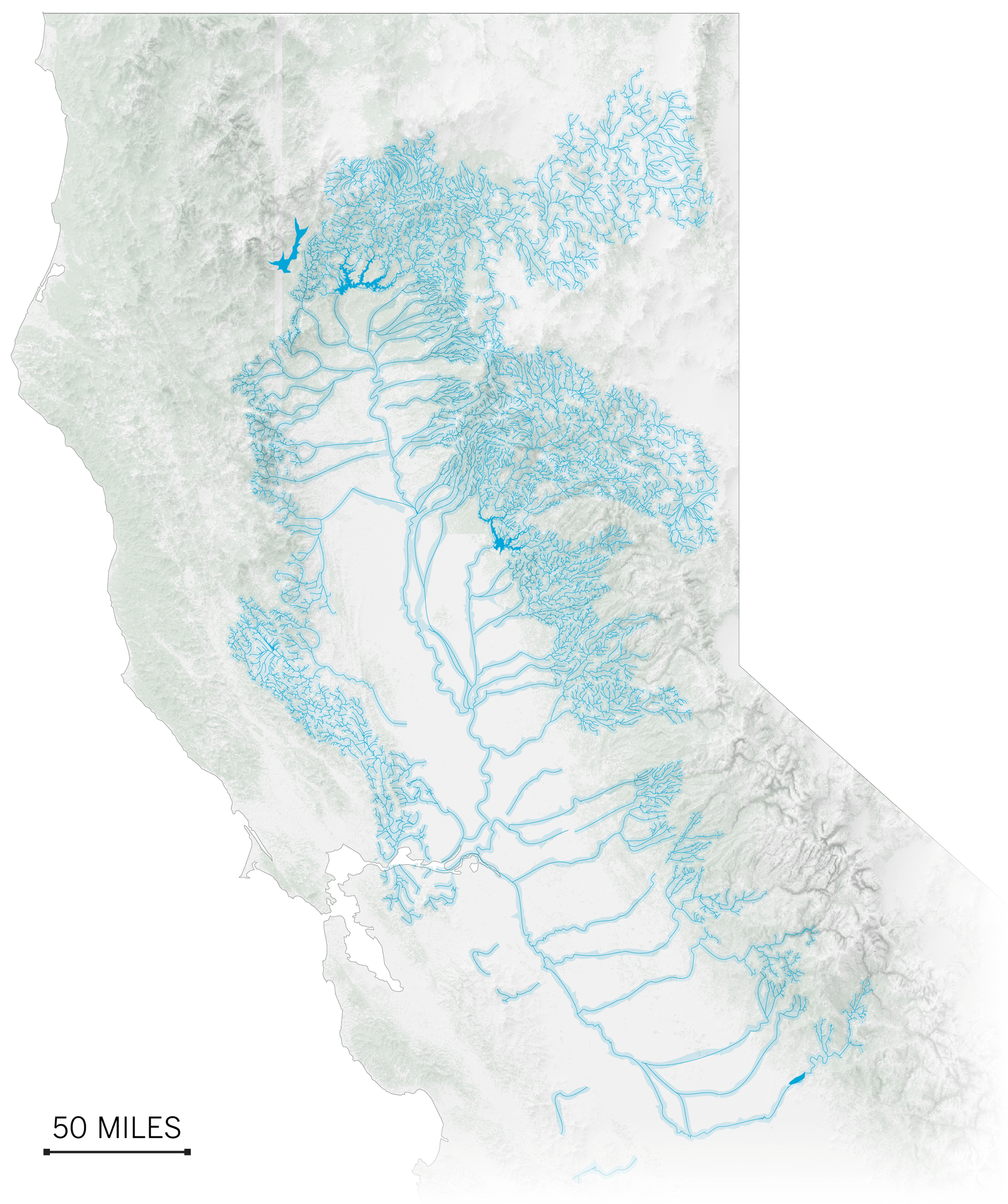 A map showing all historical salmon rivers in Central Valley.