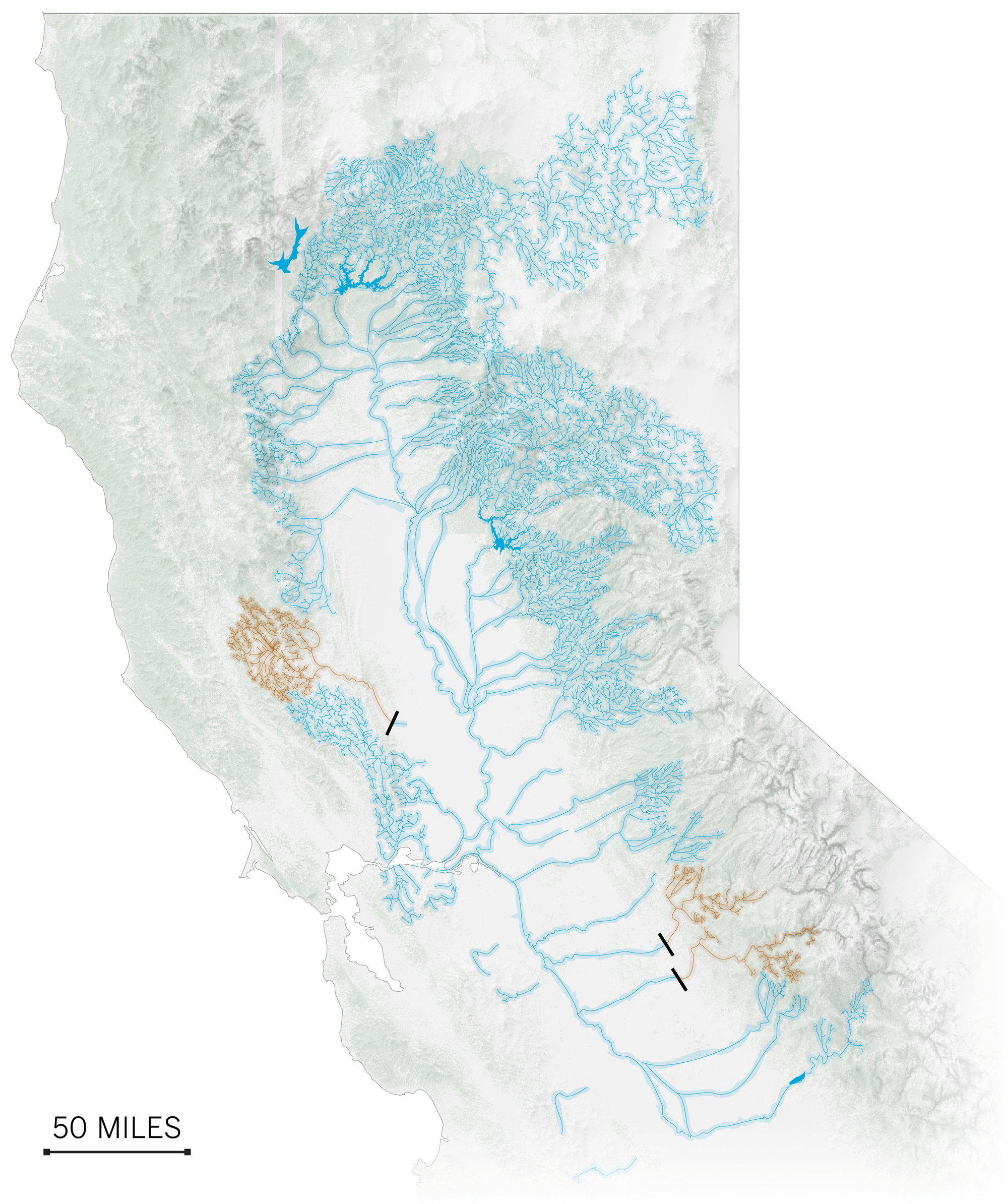 A map showing by 1930, at least three dams were built in Central Valley.