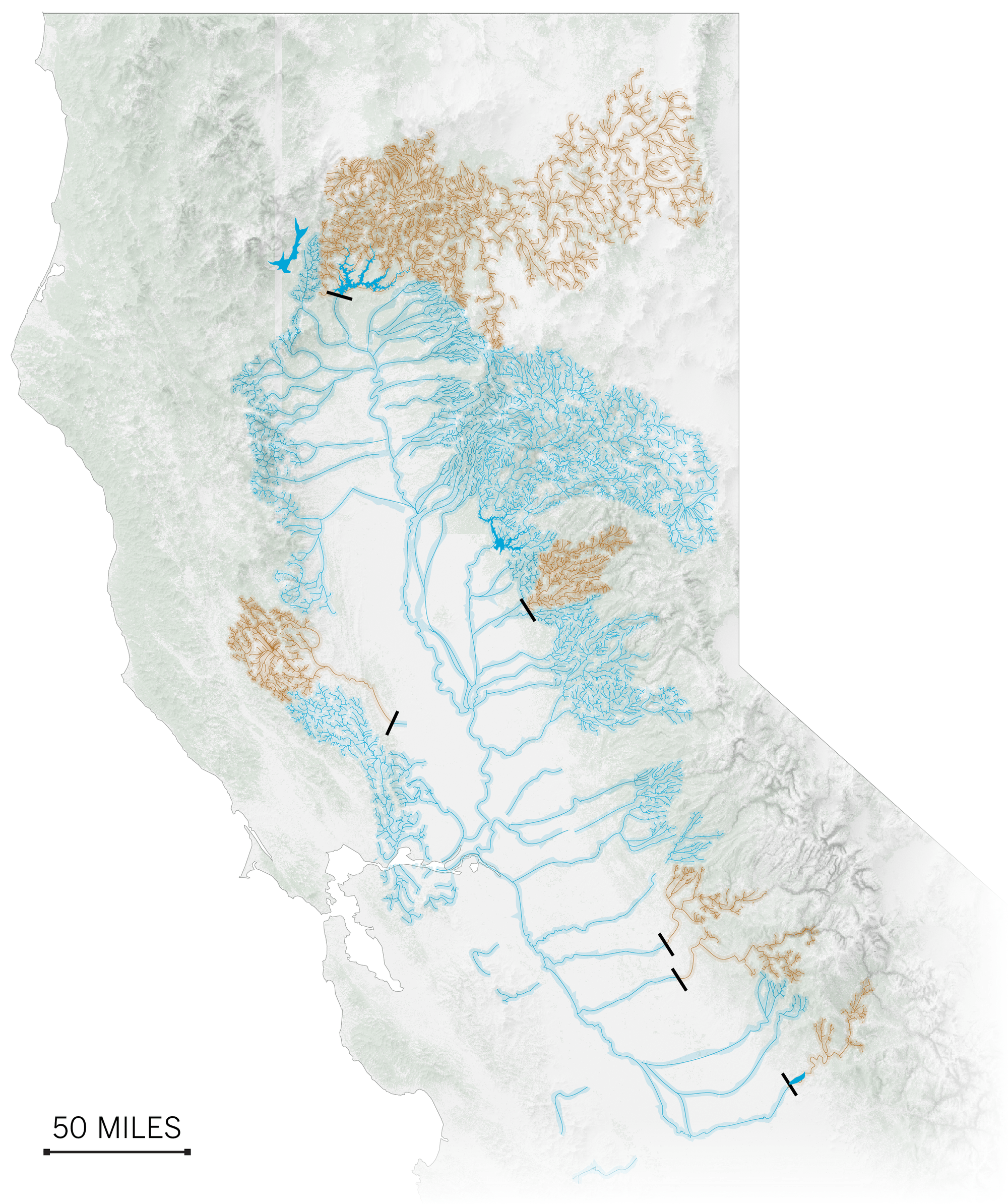 A map showing by 1945, at least six dams were built in Central Valley.