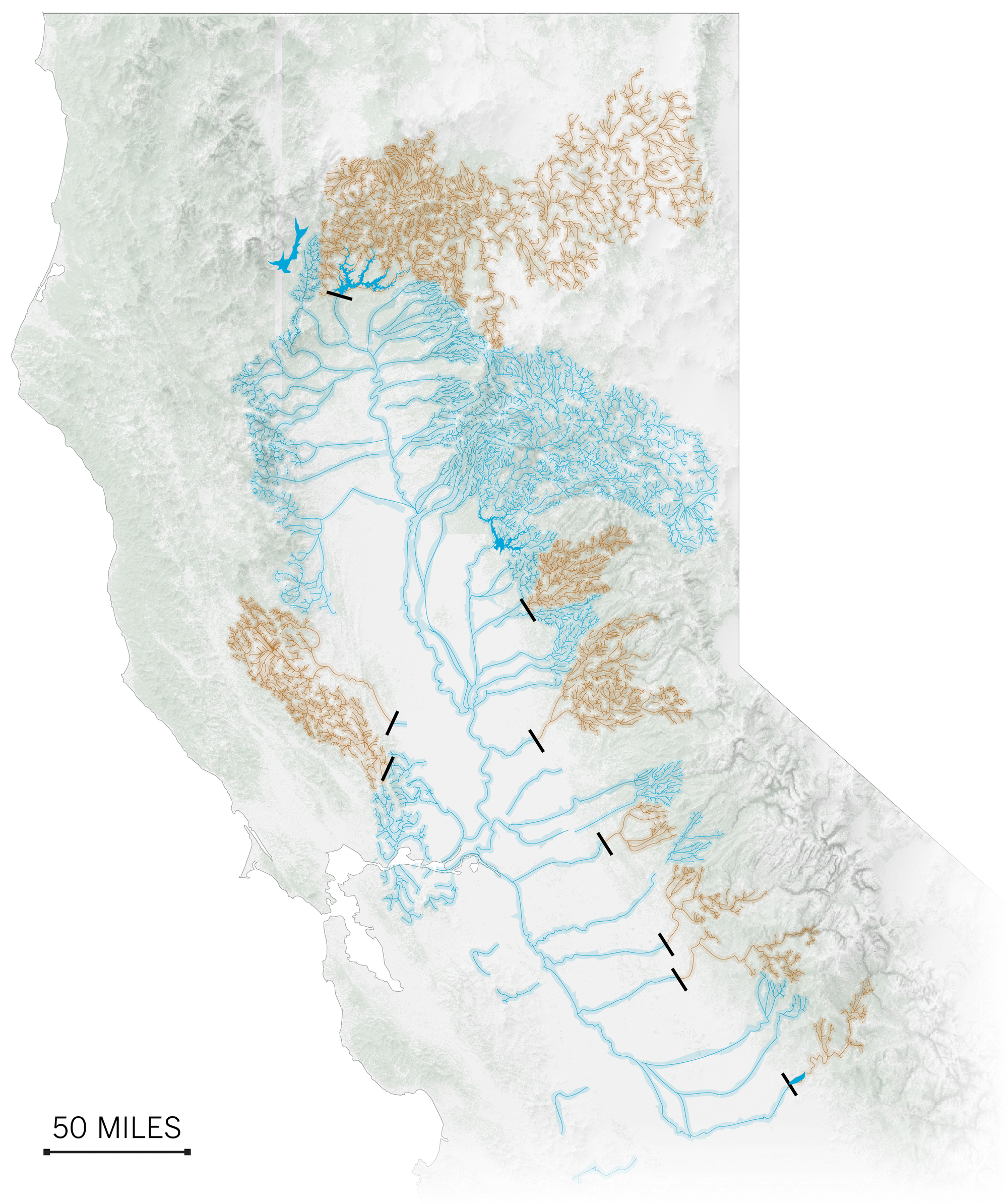 A map showing by 1960, at least nine dams were built in Central Valley.