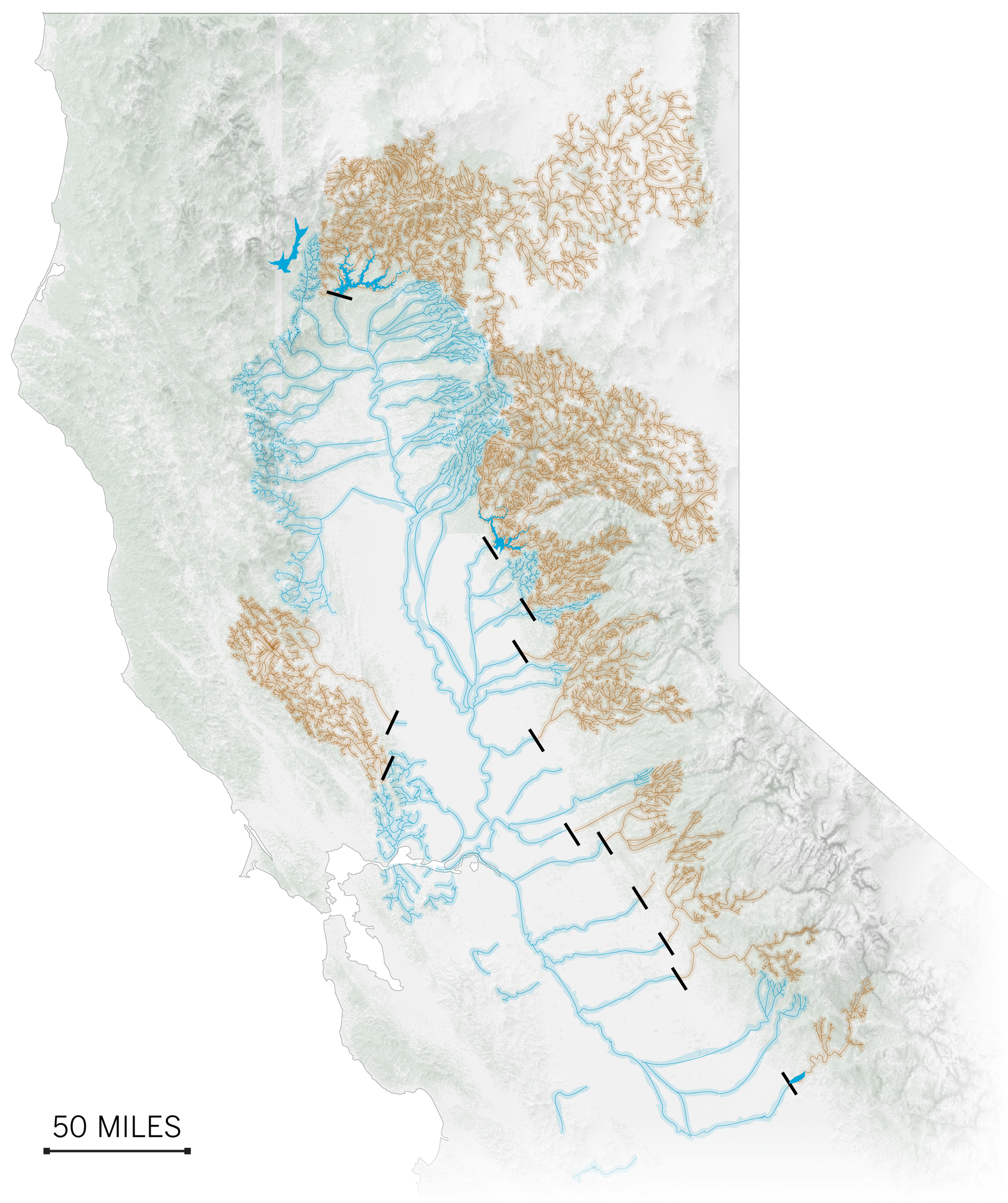 A map showing by 1975, at least 13 dams were built in Central Valley.