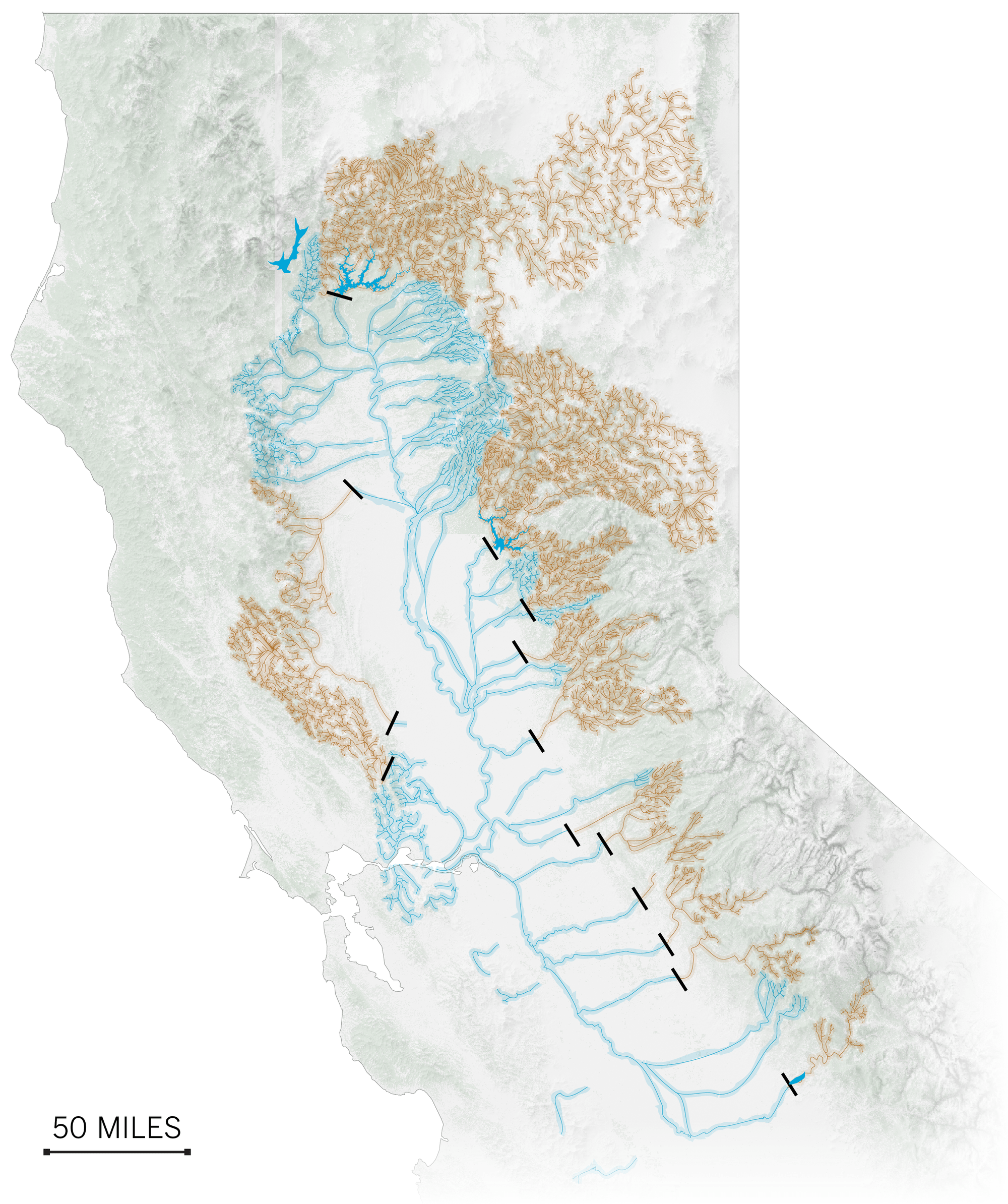 A map showing by 1990, at least 14 dams were built in Central Valley.