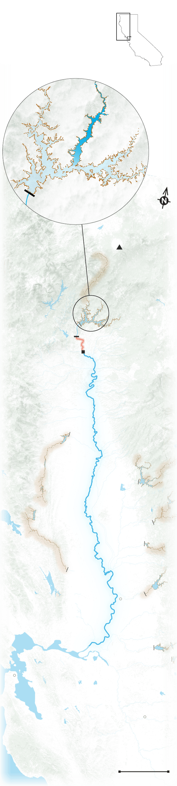 A map showing winter-run Chinook salmon's migration route in California.