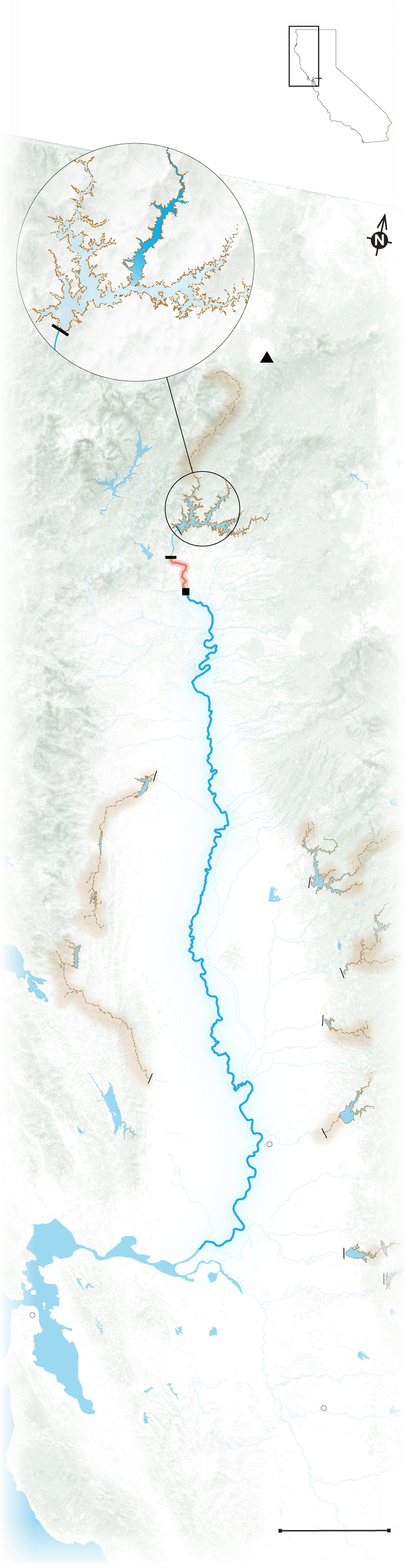 A map showing winter-run Chinook salmon's migration route in California.