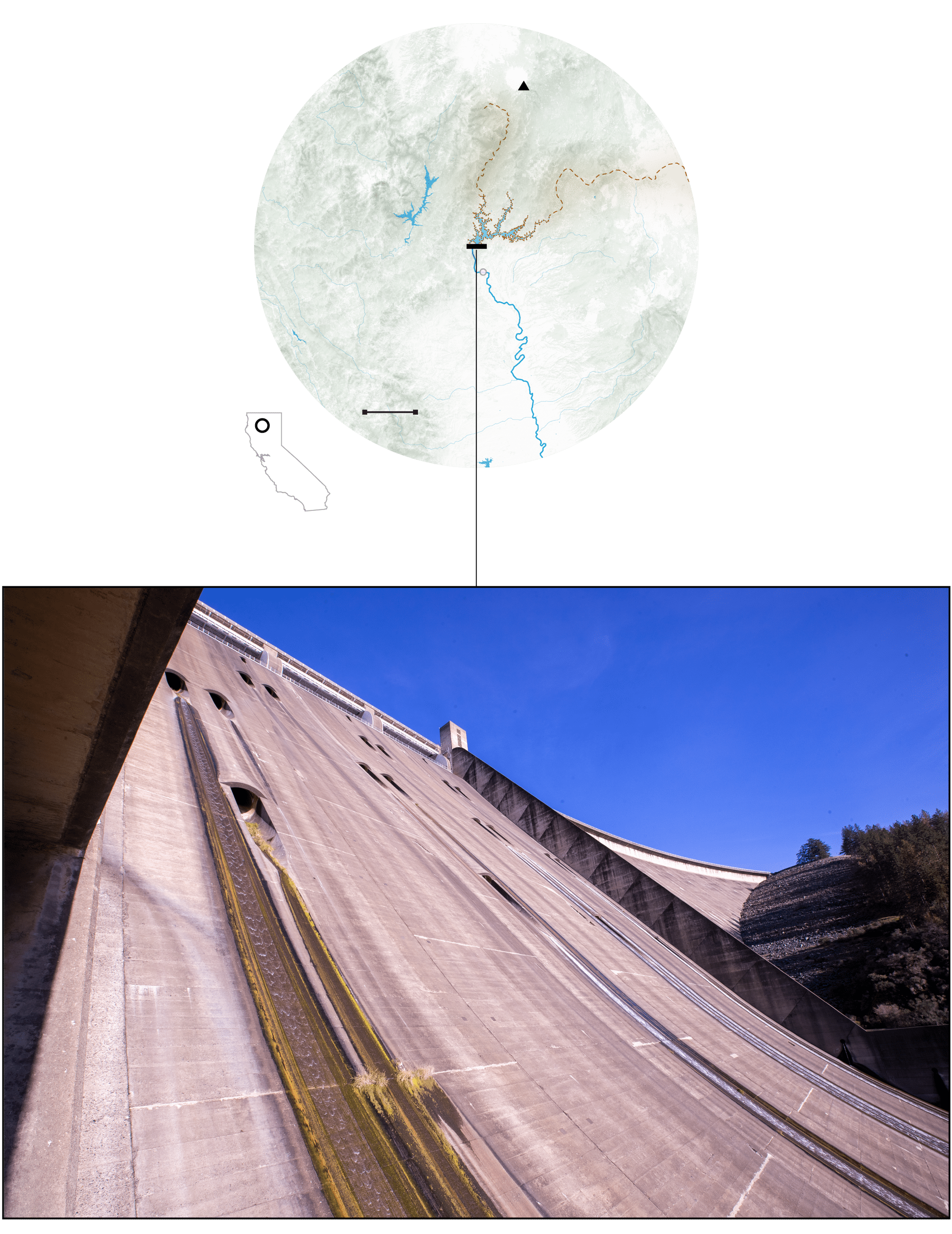 A map showing Shasta Dam is located about nine miles northwest of Redding, California, on the Sacramento River.