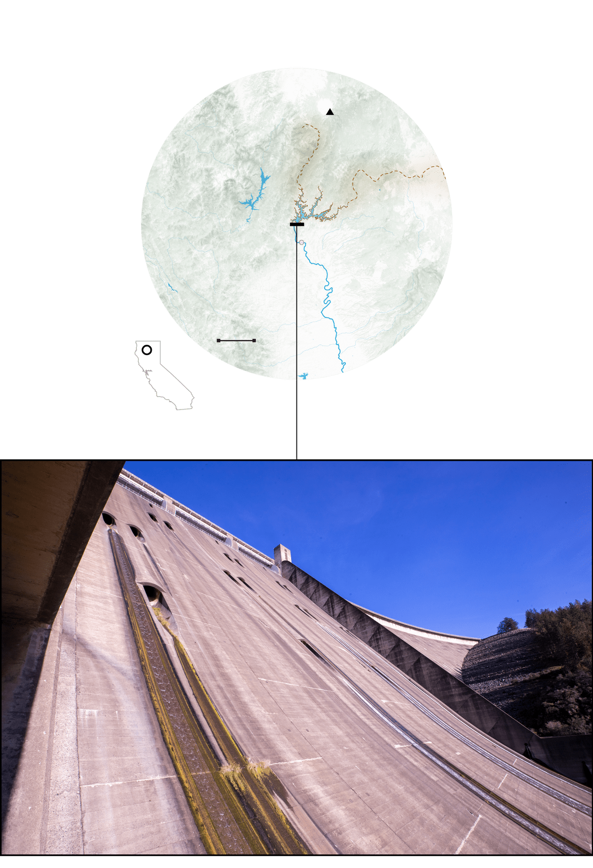 A map showing Shasta Dam is located about nine miles northwest of Redding, California, on the Sacramento River.