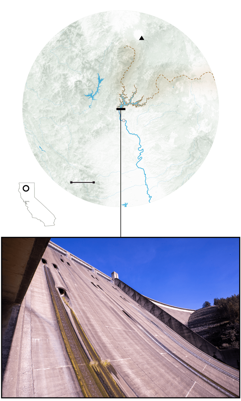 A map showing Shasta Dam is located about nine miles northwest of Redding, California, on the Sacramento River.