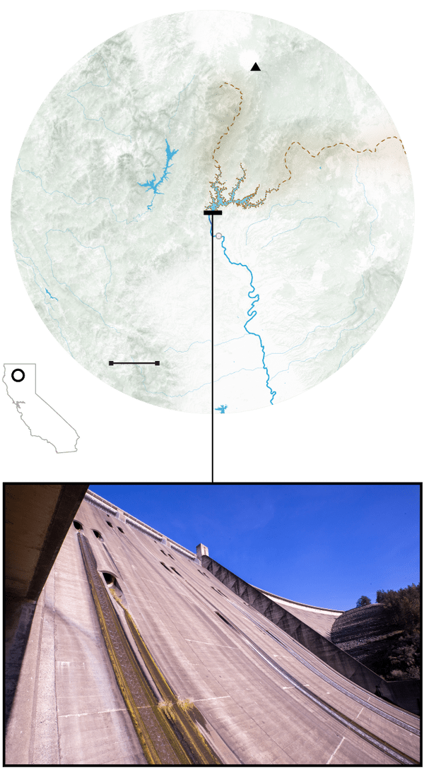 A map showing Shasta Dam is located about nine miles northwest of Redding, California, on the Sacramento River.