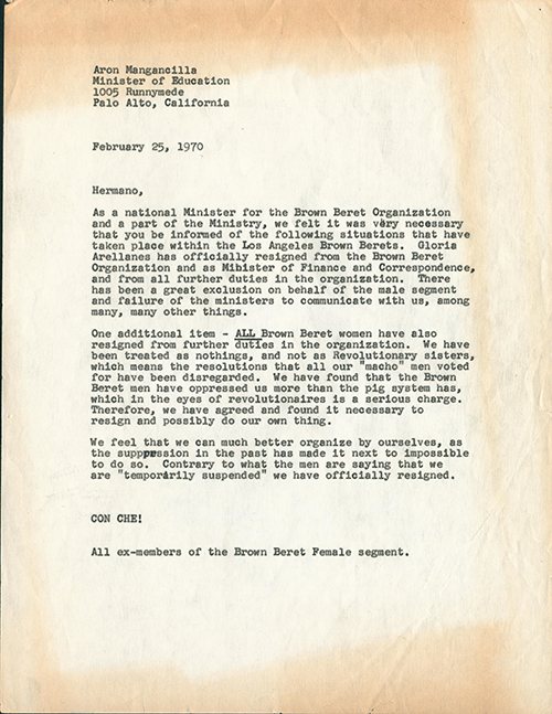 Letter of resignation from the female Brown Berets