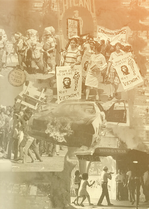 Protestors marching with signs, a cruiser on fire, and civil unrest