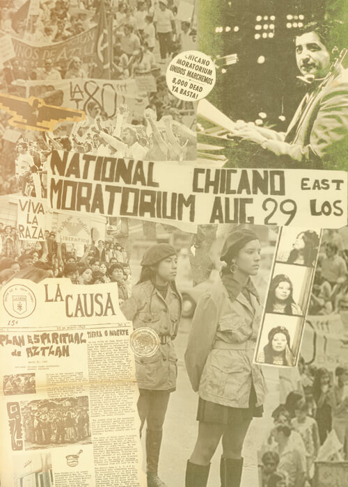 A photo illustration with images from protests and images of Ruben Salazar, Brown Berets and a La Causa newspaper