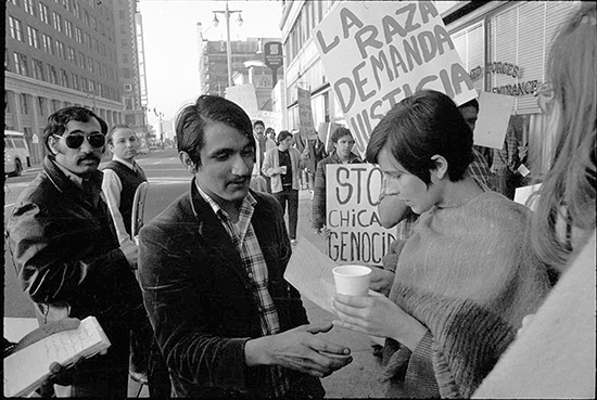 Rosalio Munoz greets Chicano Moratorium Committee demonstrators in November, 1969