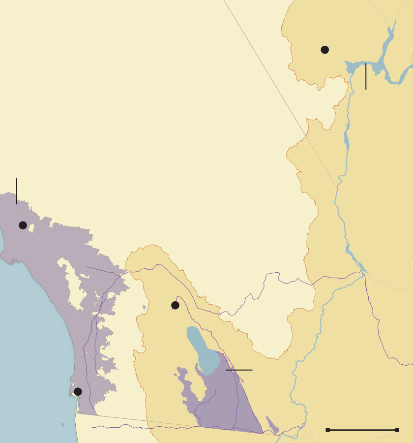 A map shows course of the Colorado River through the California desert.