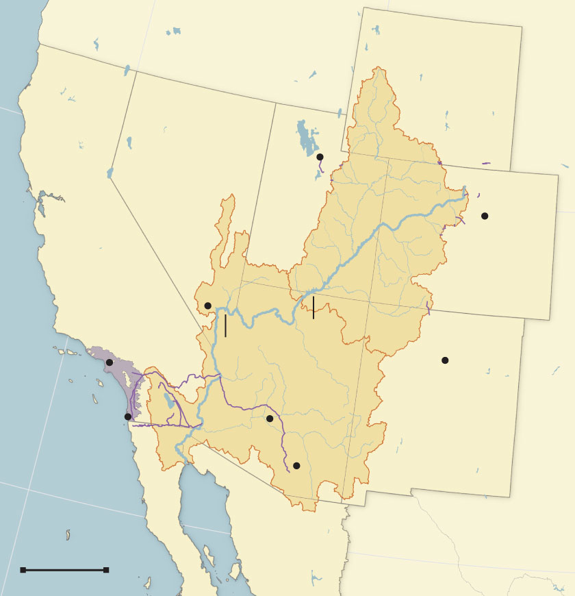 A map shows course of the Colorado River through and the seven U.S. states that draw water from it.