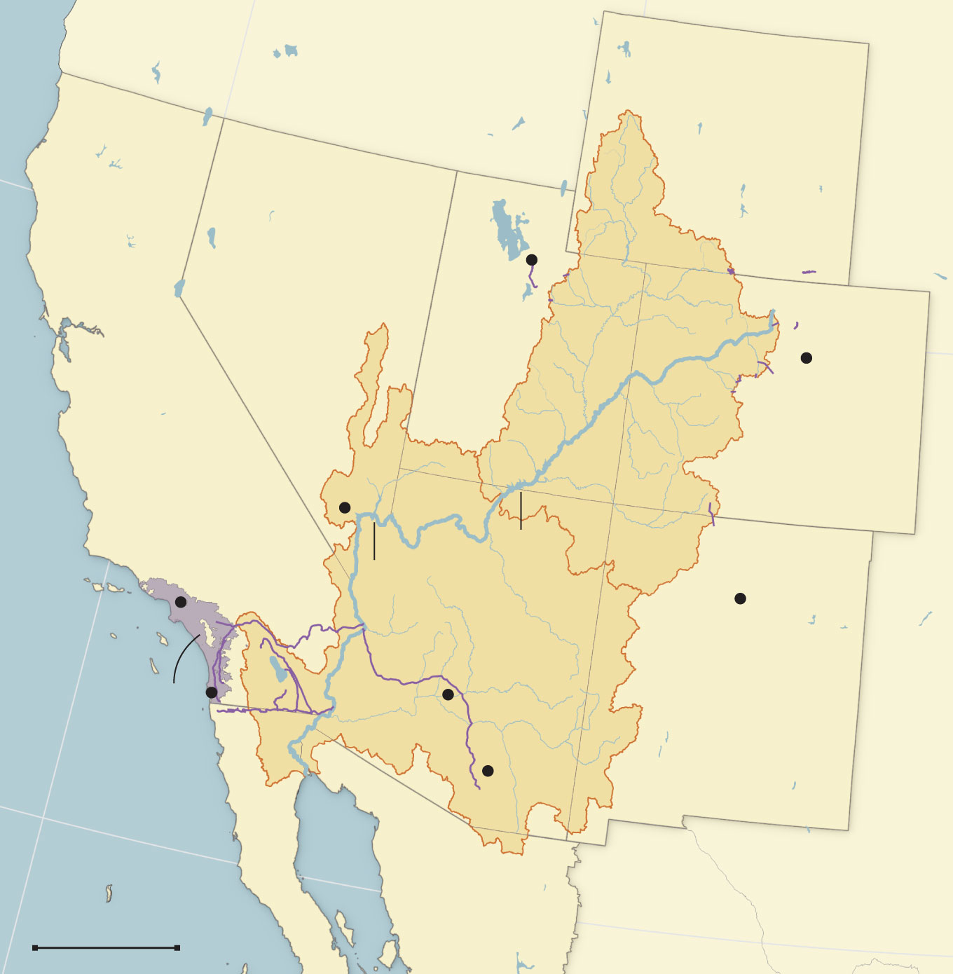 A map shows course of the Colorado River through and the seven U.S. states that draw water from it.