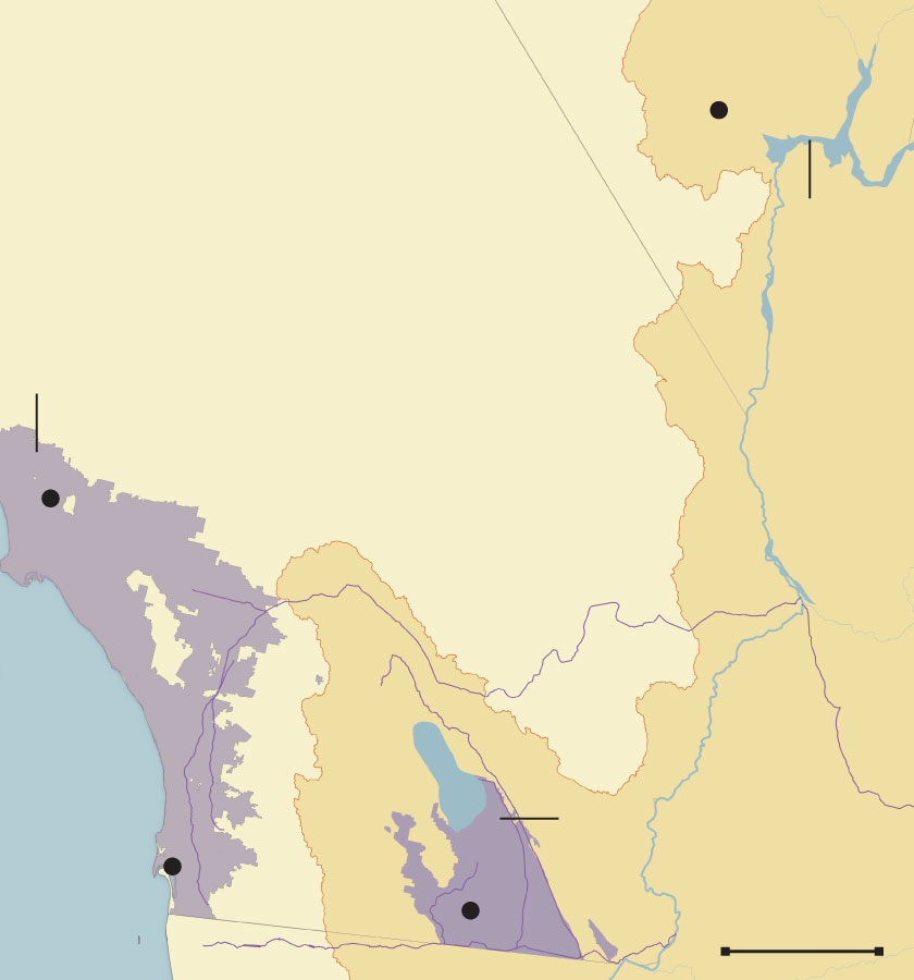 A map shows course of the Colorado River through Nevada, California and Arizona. The Imperial Irrigation District is in California’s southeastern corner.