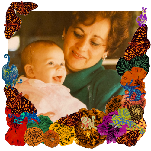 Photo of Abuela Eva in a frame with marigolds, flowers, alebrijes and monarch butterflies.