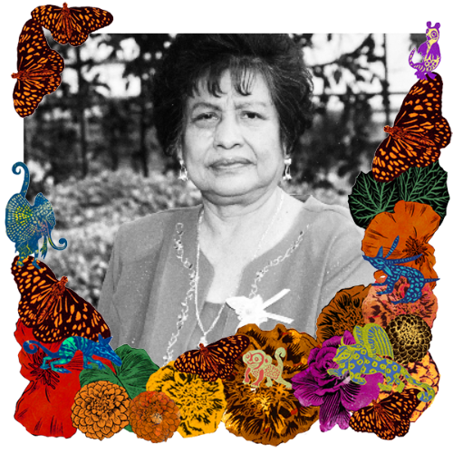 Photo of Abuelita Choco in a frame with marigolds, flowers, alebrijes and monarch butterflies.