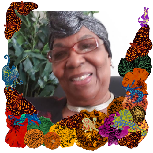 Photo of Abuelita Lucy in a frame with marigolds, flowers, alebrijes and monarch butterflies.