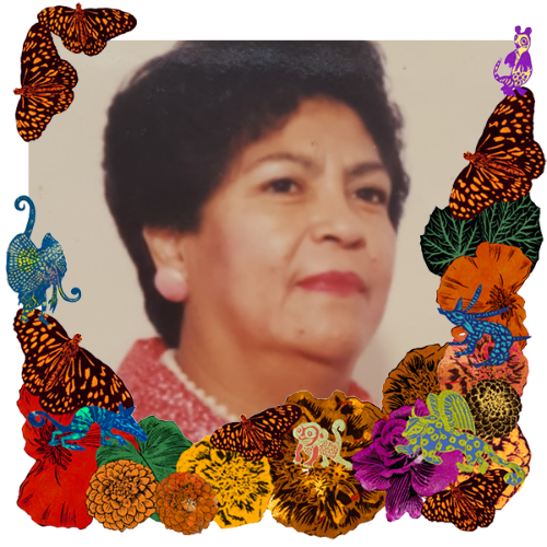 Photo of Abuelita in a frame with marigolds, flowers, alebrijes and monarch butterflies.