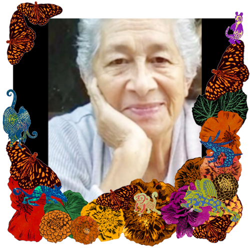 Photo of Abuelita Olga Lopez in a frame with marigolds, flowers, alebrijes and monarch butterflies.