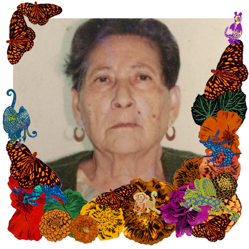 Photo of Abuelita Valentina in a frame with marigolds, flowers, alebrijes and monarch butterflies.