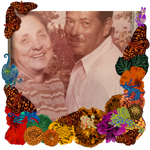 Photo of Abuelitos in a frame with marigolds, flowers, alebrijes and monarch butterflies.