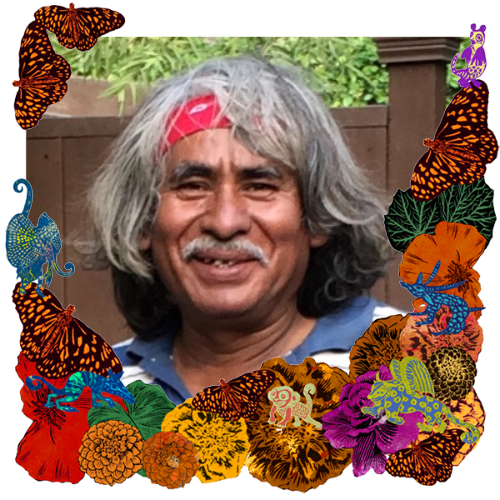 Photo of Abundio Nieves in a frame with marigolds, flowers, alebrijes and monarch butterflies.