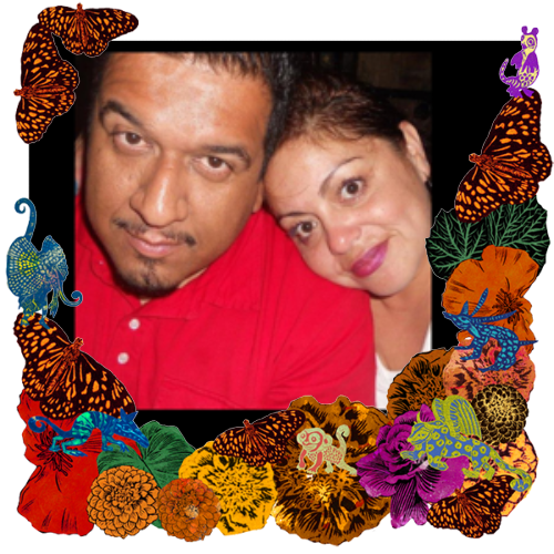 Photo of Adam & Susie in a frame with marigolds, flowers, alebrijes and monarch butterflies.