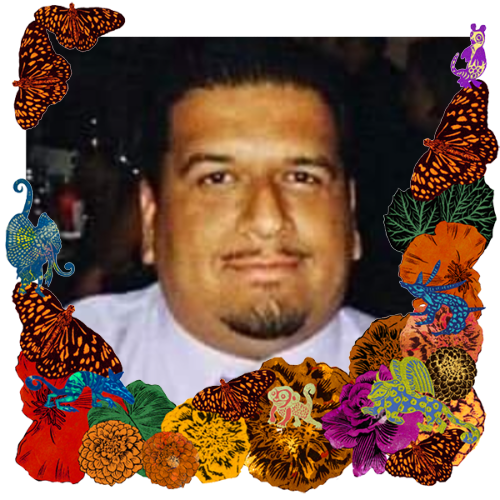 Photo of Adan Alvarez in a frame with marigolds, flowers, alebrijes and monarch butterflies.