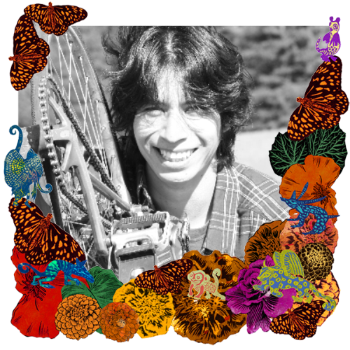 Photo of Adrian in a frame with marigolds, flowers, alebrijes and monarch butterflies.