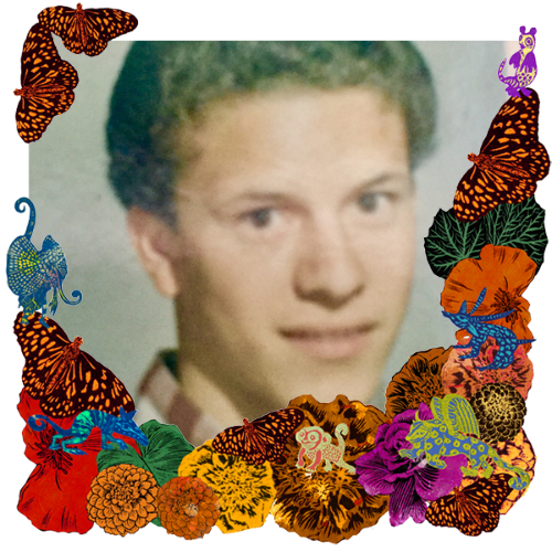 Photo of Adrian ("Coco") in a frame with marigolds, flowers, alebrijes and monarch butterflies.