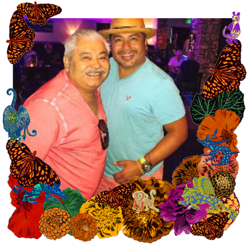 Photo of Adrian & Raul Ramirez in a frame with marigolds, flowers, alebrijes and monarch butterflies.