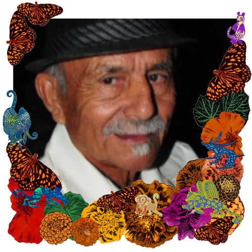 Photo of Agapito Cordero in a frame with marigolds, flowers, alebrijes and monarch butterflies.