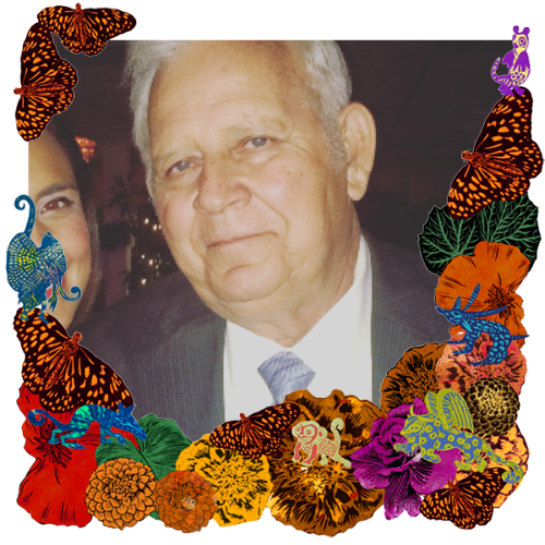 Photo of Al Silva in a frame with marigolds, flowers, alebrijes and monarch butterflies.