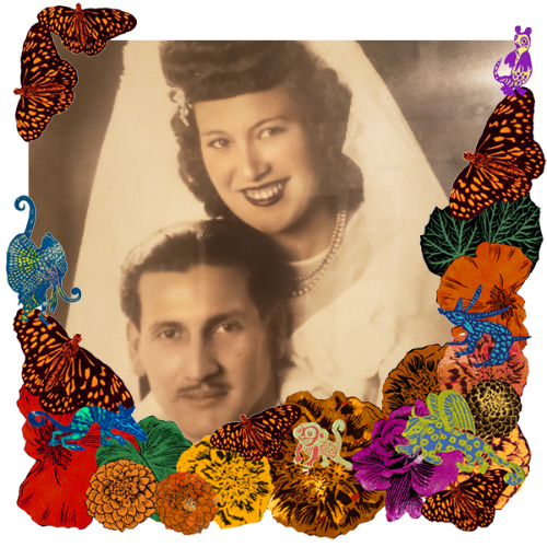 Photo of Alfonso & Ramona Anzures in a frame with papel picado.