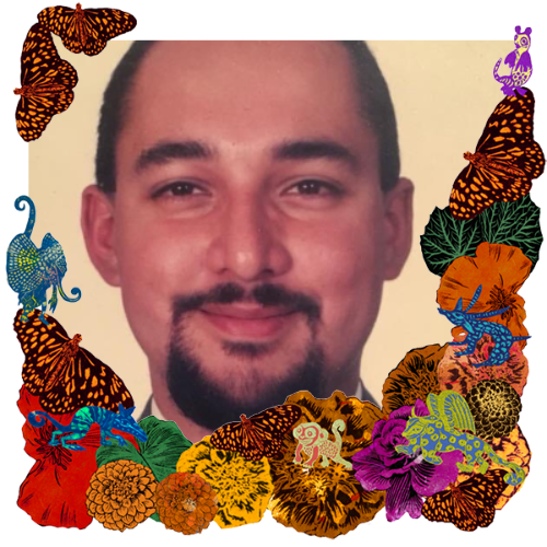 Photo of Alfredo Cortina Navarro in a frame with marigolds, flowers, alebrijes and monarch butterflies.