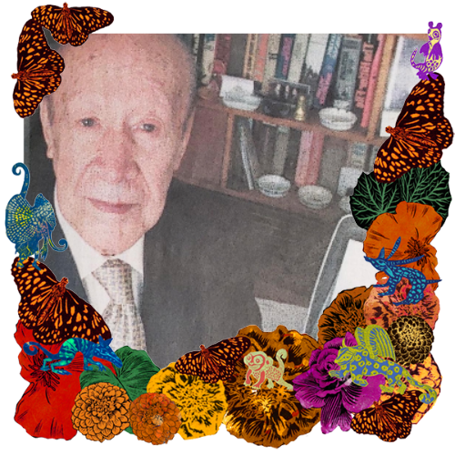 Photo of Alfredo LaMont Jr. in a frame with marigolds, flowers, alebrijes and monarch butterflies.