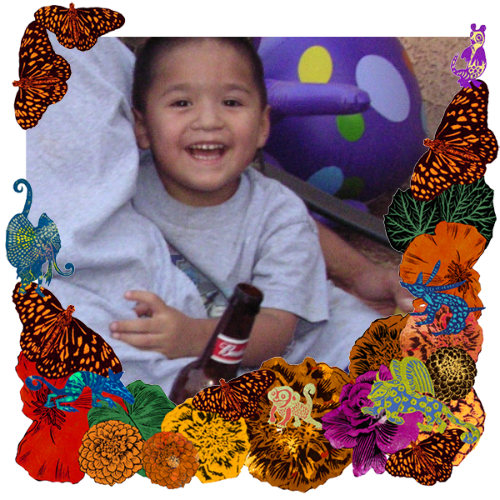 Photo of Alfredo Melton Quiroz in a frame with marigolds, flowers, alebrijes and monarch butterflies.