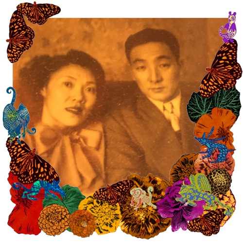 Photo of Alice and Ben Hirano in a frame with marigolds, flowers, alebrijes and monarch butterflies.
