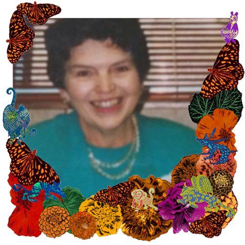 Photo of Alice Lautzenhiser in a frame with marigolds, flowers, alebrijes and monarch butterflies.
