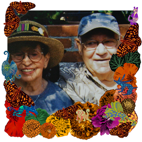 Photo of Alice and Eddie Peña in a frame with marigolds, flowers, alebrijes and monarch butterflies.