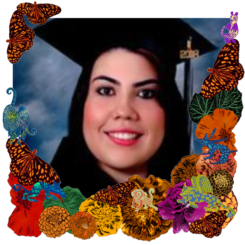 Photo of Alicia Flores in a frame with marigolds, flowers, alebrijes and monarch butterflies.
