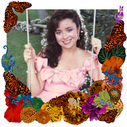Photo of Alicia Perez in a frame with marigolds, flowers, alebrijes and monarch butterflies.