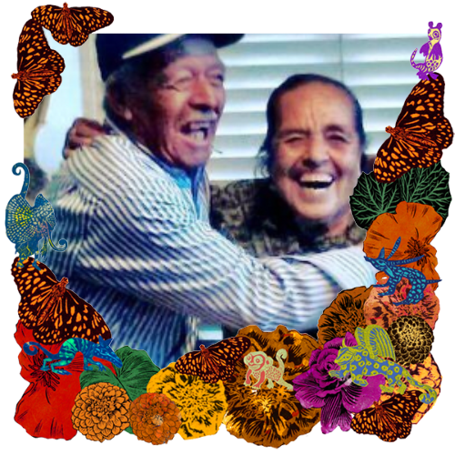 Photo of A mis amados padres in a frame with marigolds, flowers, alebrijes and monarch butterflies.