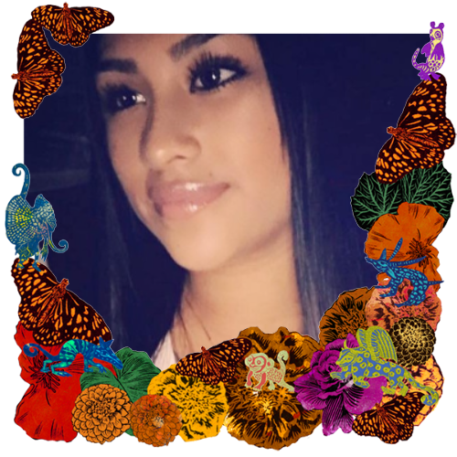 Photo of Amber Inez in a frame with marigolds, flowers, alebrijes and monarch butterflies.